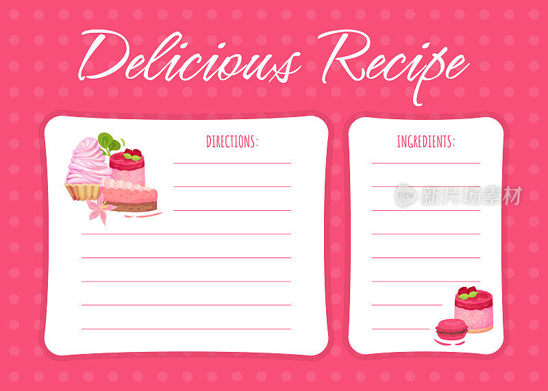 甜覆盆子甜点配方卡设计与奶油蛋糕矢量模板