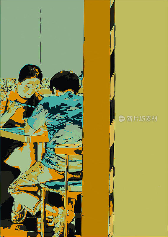 抽象艺术卡通插画场景中的年轻人在餐厅的图案背景