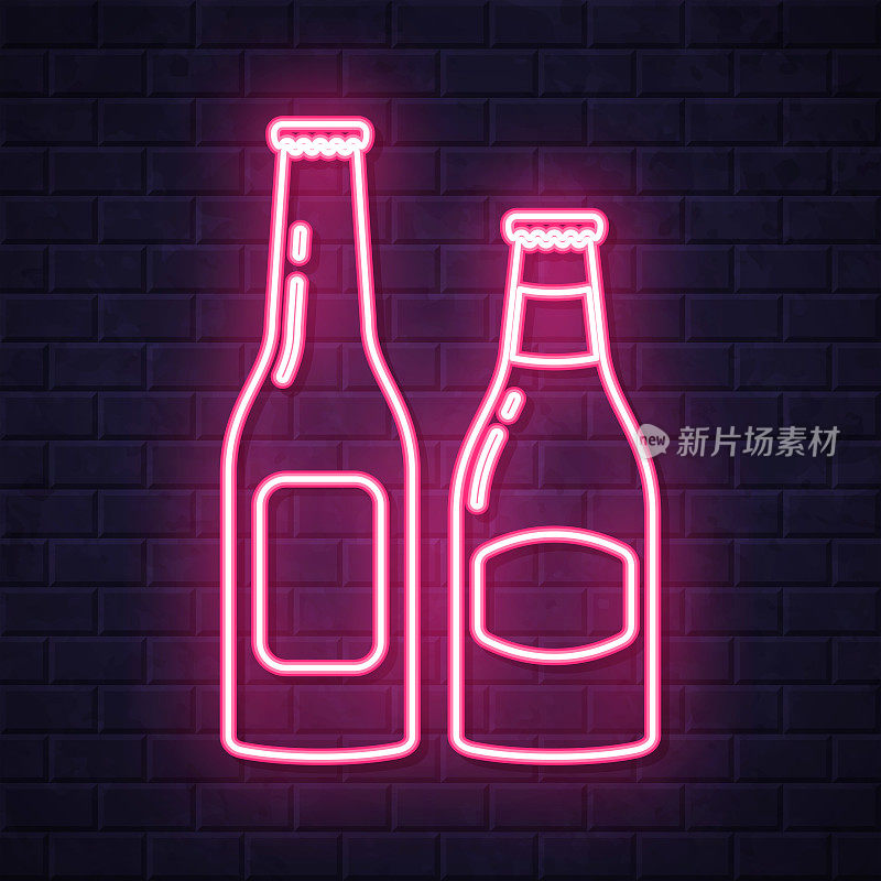 啤酒瓶。在砖墙背景上发光的霓虹灯图标