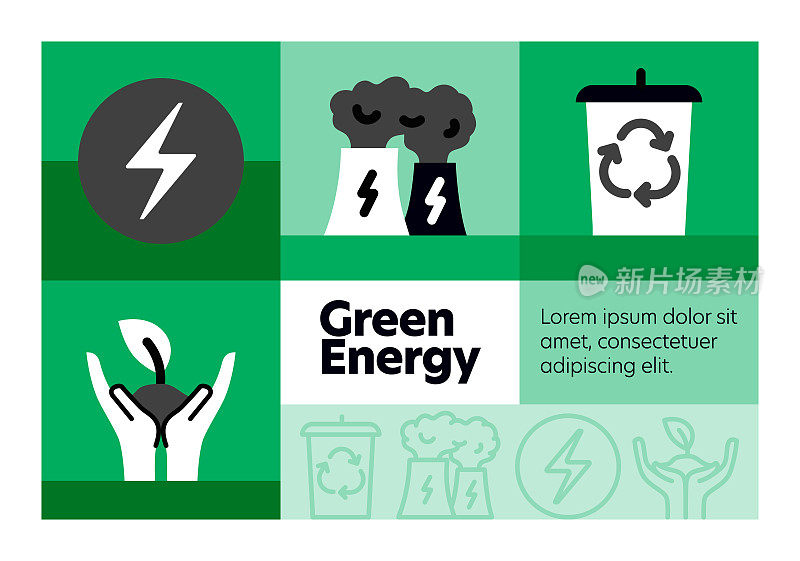绿色能源线图标集和横幅设计。