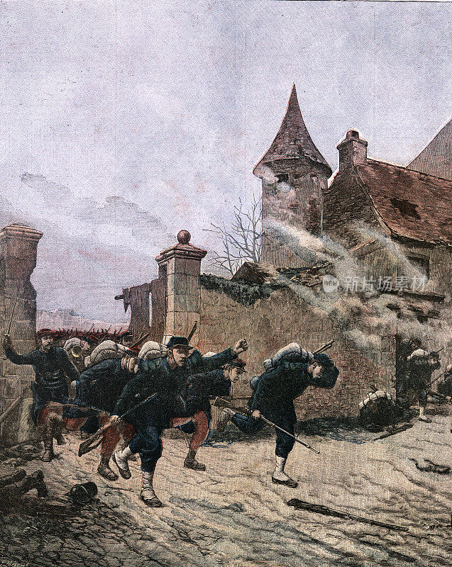 在保罗-路易斯-纳西斯・格罗勒龙的一幅画后，法国士兵在战斗中袭击了一座建筑物