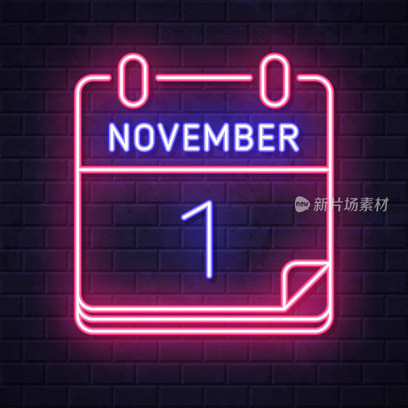 11月1日。在砖墙背景上发光的霓虹灯图标