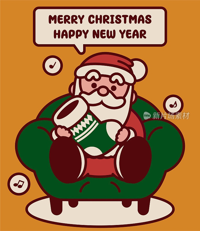 可爱的圣诞老人正坐在沙发上，手里拿着圣诞袜，祝你圣诞快乐，新年快乐