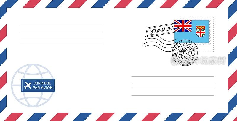 空白航空信封，附有斐济邮票。明信片矢量插图与斐济国旗孤立的白色背景。