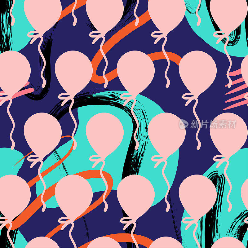 生日无缝图案与粉色气球和抽象的背景