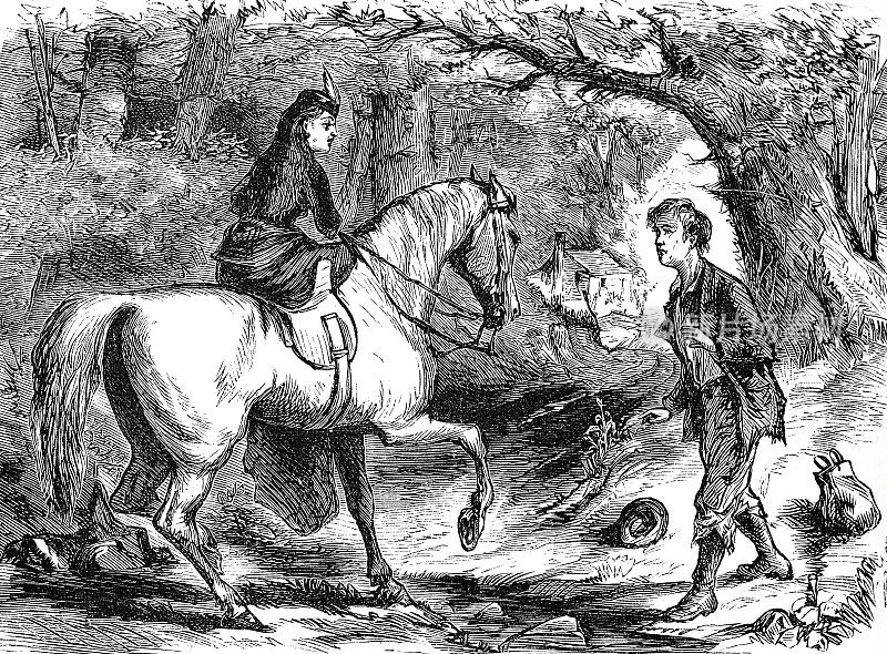 一个年轻的女孩在森林里骑马,遇到了一个走在路上的年轻人