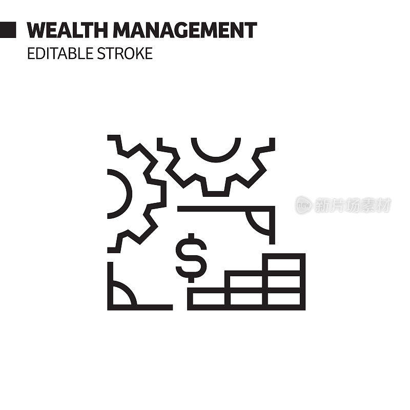 财富管理线图标，轮廓矢量符号插图。完美像素，可编辑的描边。