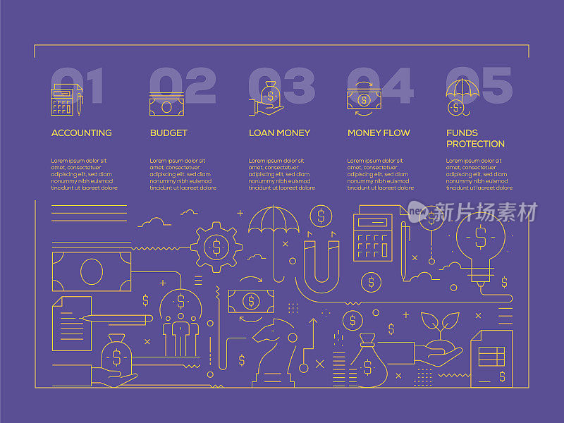 商业经济信息图表模板。工作流布局、图表、年度报告、网页设计等信息图设计。