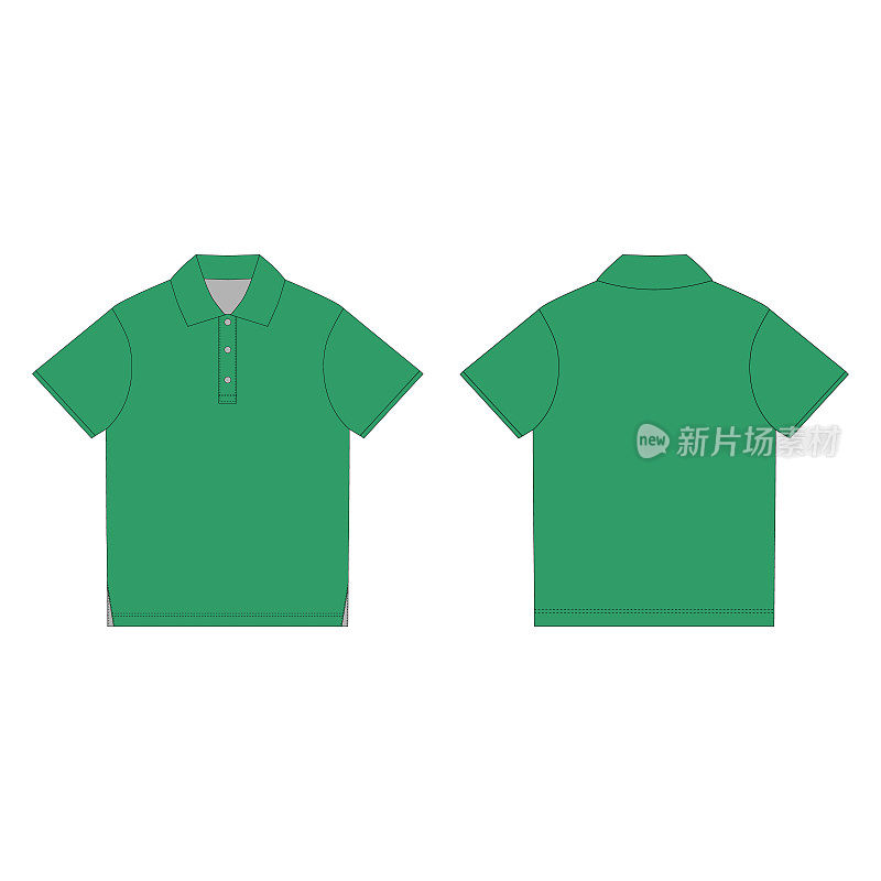 绿色马球t恤设计模板。前后技术草图中性马球t恤。