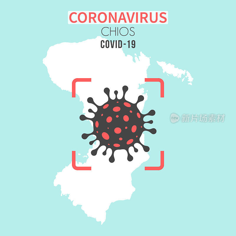 Chios地图，红色取景器中显示冠状病毒(COVID-19)细胞