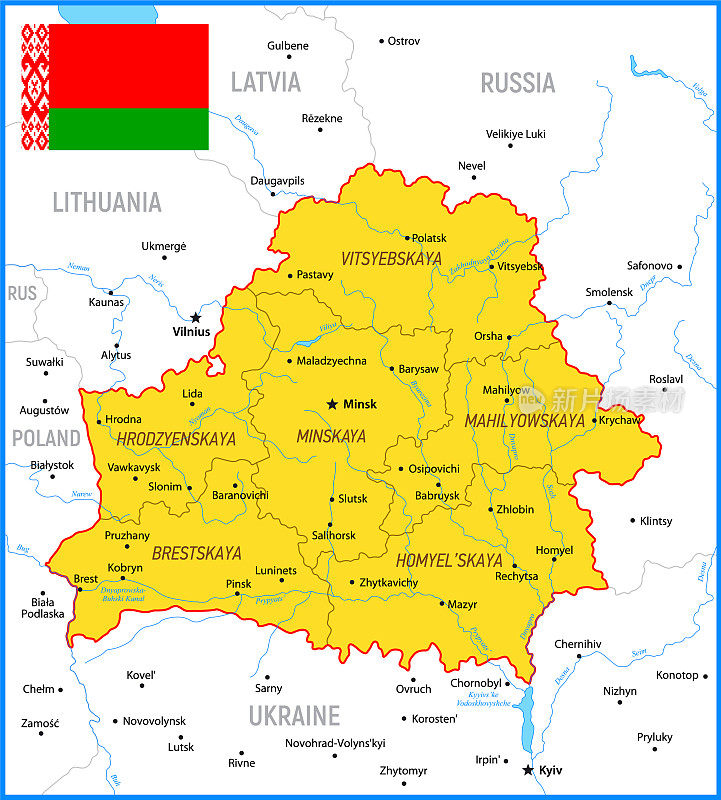 白俄罗斯矢量地图与区域，湖泊，河流，国旗和地理边界的俄罗斯，拉脱维亚，立陶宛，波兰和乌克兰
