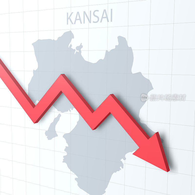 落下的红色箭头，背景是关西地图