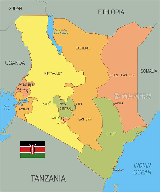 带有旗帜的肯尼亚平面地图