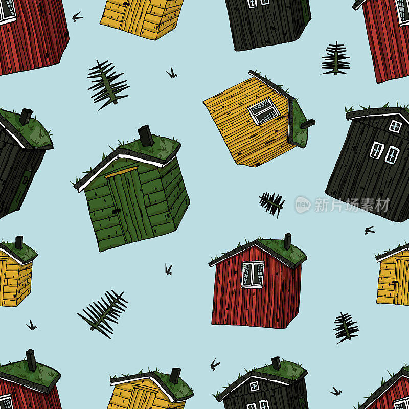 加拿大，斯堪的那维亚的房子，屋顶上有草，蓝色背景上有彩色的无缝图案