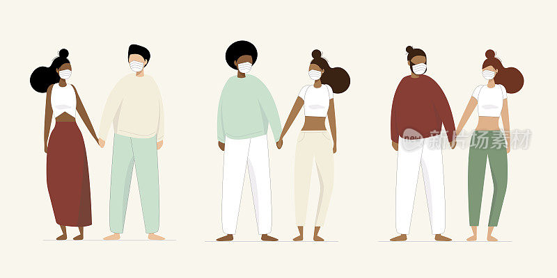 在大流行期间约会，3组跨种族夫妇戴面具-冠状病毒多样性概念字符集
