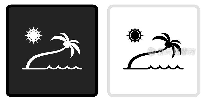热带海滩图标上的黑色按钮与白色翻转