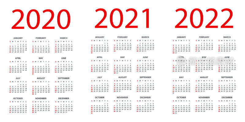 日历2020年，2021年，2022年-简单布局插图。一周从周日开始。日历设定为2020年、2021年、2022年