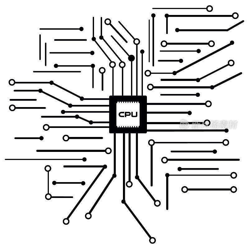 黑白矢量电子微芯片，中央处理器图标