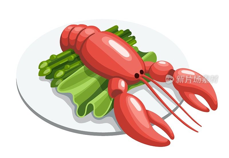 煮龙虾晚餐片在盘子里。煮牡蛎配芦笋和叶子沙拉。卡通矢量海鲜插图。