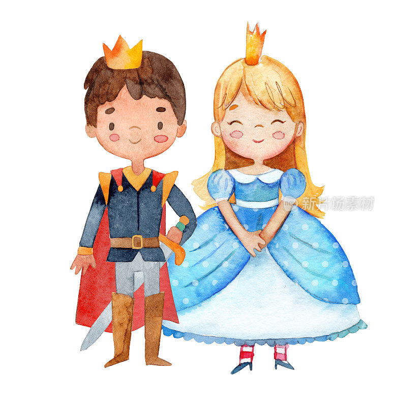 一个可爱的小王子和穿着蓝色裙子的公主的水彩画插图。小女孩和小男孩被水彩花圈包围着。孤立的