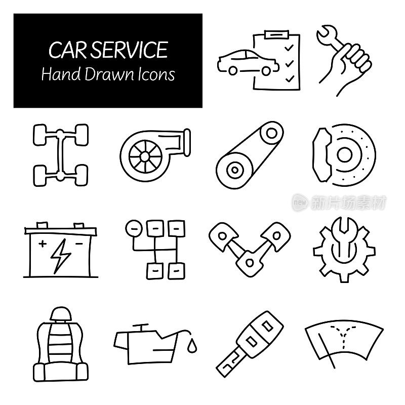 汽车服务相关手绘图标，涂鸦元素矢量插图