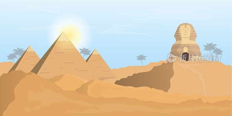 埃及狮身人面像和金字塔。沙漠。一个人牵着骆驼穿过沙漠。
