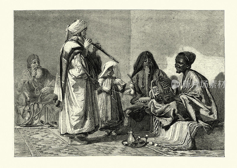 传统的埃及音乐家，十九世纪维多利亚时期的开罗