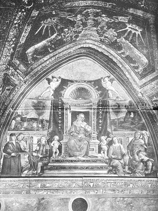 Pinturicchio的音乐《坐在宝座上的女人》演奏着小提琴，周围环绕着天使和其他音乐家