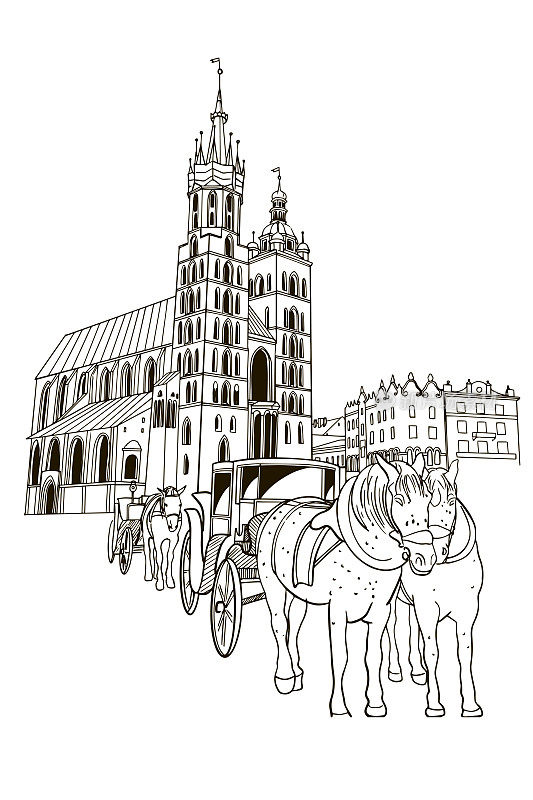 圣玛丽教堂和克拉科夫老城区主要市场广场的矢量草图。波兰。