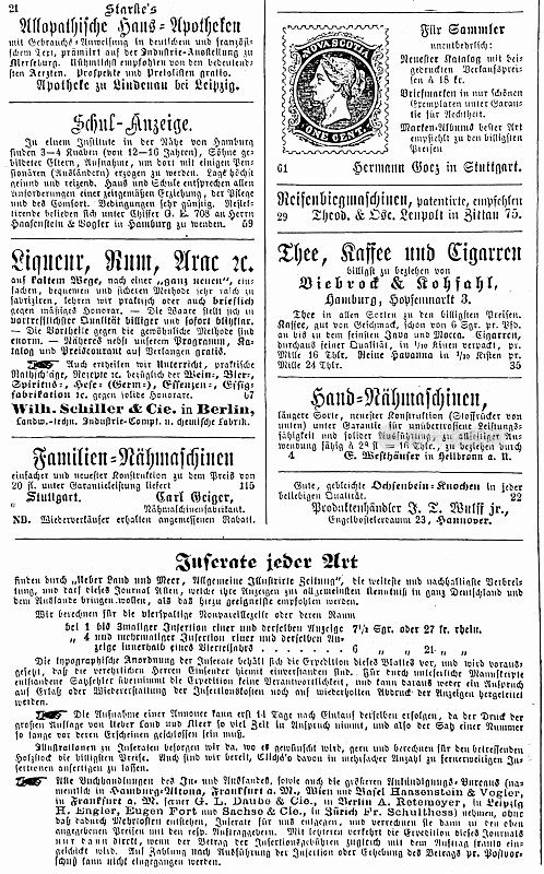 1867年在德国杂志上刊登广告