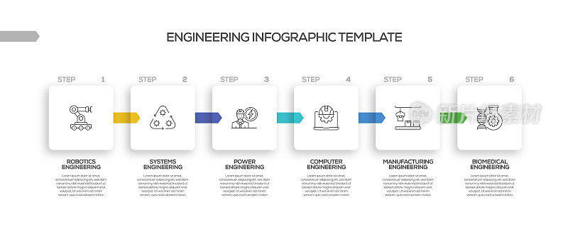 工程相关过程信息图表模板。过程时间图。带有线性图标的工作流布局