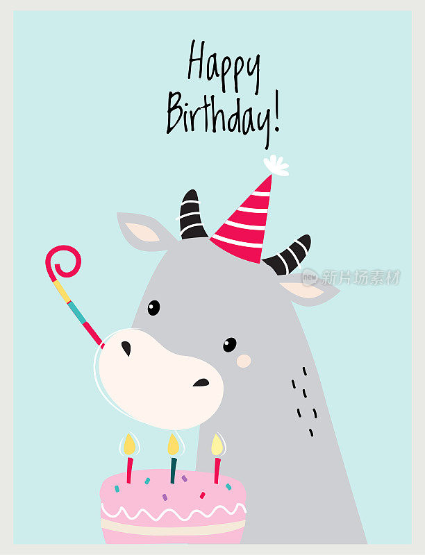 生日快乐卡片与角牛作为农场动物和蛋糕蜡烛作为节日问候和祝贺向量插图