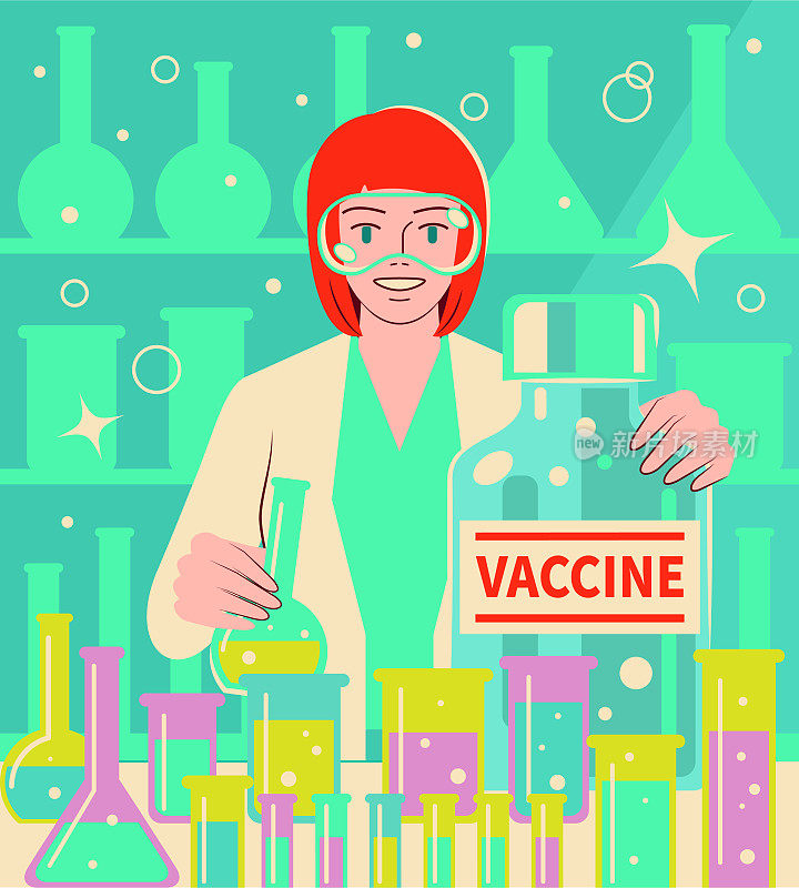 一位自信、美丽的年轻女科学家(药剂师、医生、生化学家)在实验室开发大型COVID-19疫苗(或流感疫苗)