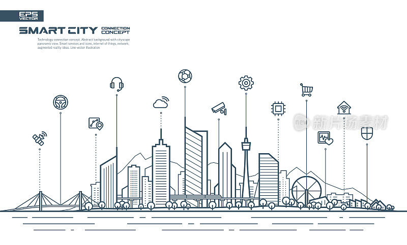 智能城市连接概念。未来主义的技术景观与集成的细线图标。