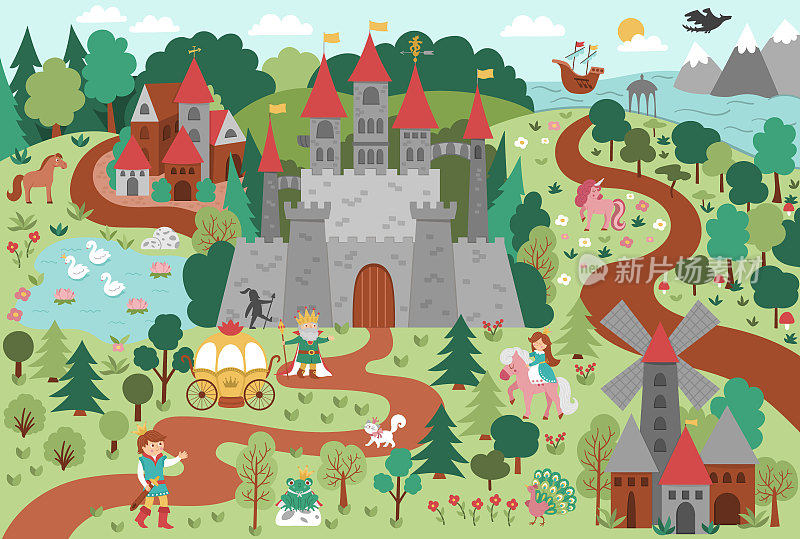 矢量童话王国插图。幻想城堡和人物画面。可爱的魔法童话背景有宫殿、大海、王子、公主、森林。详细的中世纪乡村景观