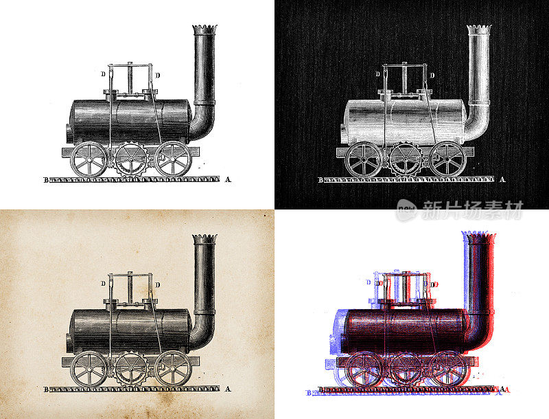 科学发现的古董插图:蒸汽动力机车