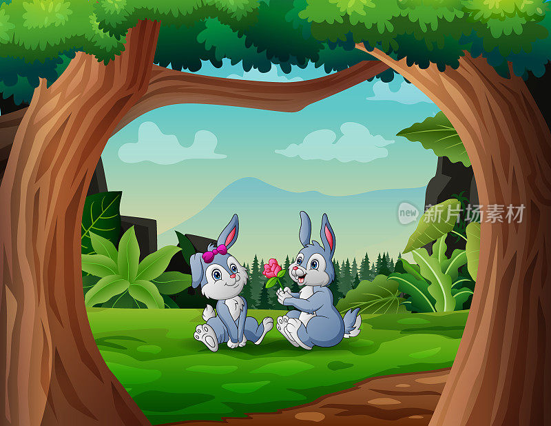 可爱的一对兔子在绿色的田野插图