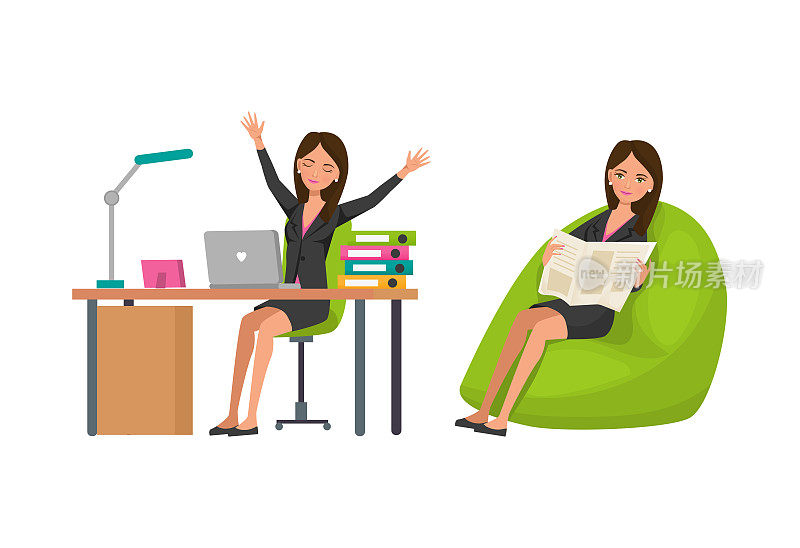 疲惫的商业妇女在工作场所伸展身体，在扶手椅上休息。工作和休闲套装