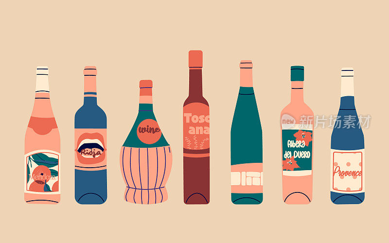 一套矢量平瓶的葡萄酒。标签上有葡萄酒产区的名称-门多萨，里奥哈，托斯卡纳，里贝拉，普罗旺斯。酒吧或餐厅菜单设计的插图。