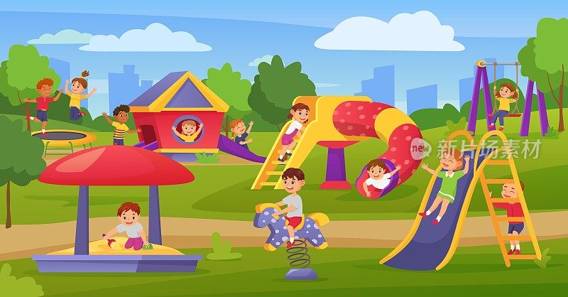 卡通儿童在夏季公园或幼儿园的操场上玩耍。快乐的孩子在滑梯或秋千，男孩玩在沙盒矢量插图