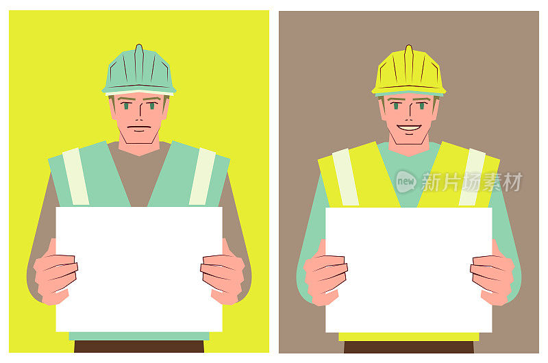 一个蓝领工人戴着工作头盔，举着一个空白的牌子，带着两种不同的情绪