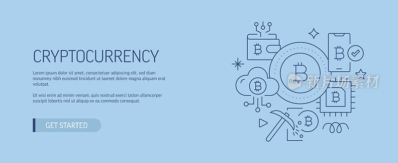 加密货币相关网页横幅线风格。现代设计矢量插图的网页旗帜，网站标题等股票插图