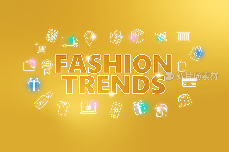 时尚趋势-电子商务网站橙色的金色背景。各种购物图标。