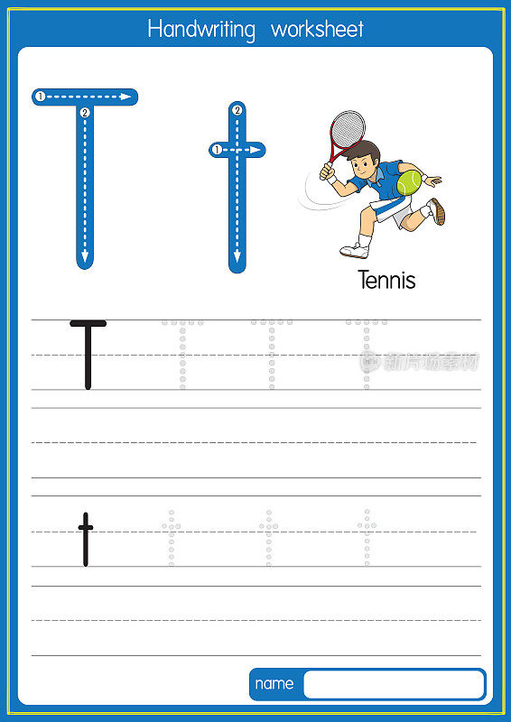 矢量插图网球与字母T大写字母或大写字母的儿童学习练习ABC
