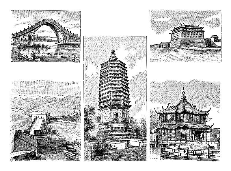 中国建筑建筑风格收藏-复古雕刻插画