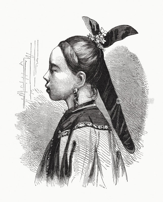 年轻的中国女子从过去，木刻，出版于1870年