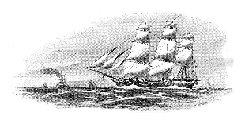普鲁士帆船轻巡洋舰亚马逊-古董雕刻插图