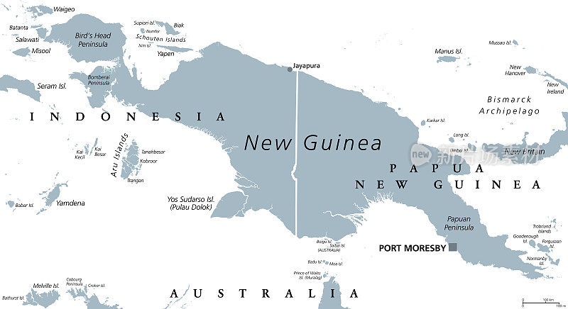 新几内亚，灰色政治地图，世界第二大岛