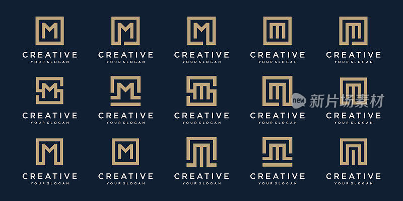套Logo设计字母M带有方形风格。向量模板
