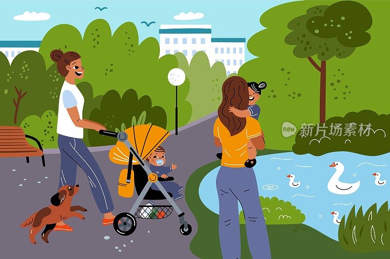 妈妈们在城市公园散步。大自然中带着孩子的女人。人放松的户外。婴儿推车。鸭子池塘和植物。家庭休闲。带着幼儿的家长。花哨的向量概念